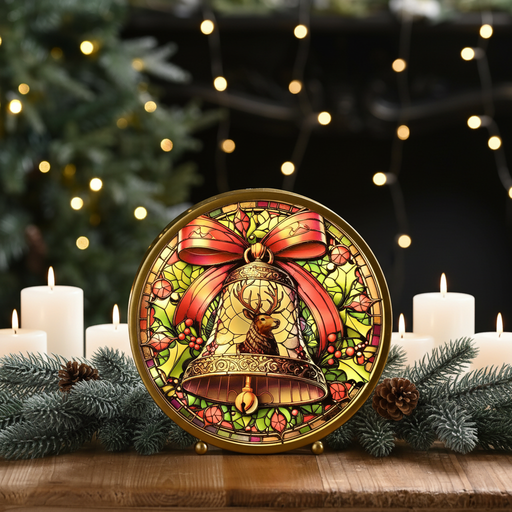 A round decorative Christmas ornament or sign featuring a stained-glass-style design with a golden bell, red bow, green leaves, and pink berries, displayed on a wooden surface with candles, pine branches, and blurred holiday lights in the background.