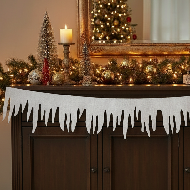 A package of white artificial icicle fringe for Christmas decoration, displayed against a black background with a visible section of the fringe outside the package.