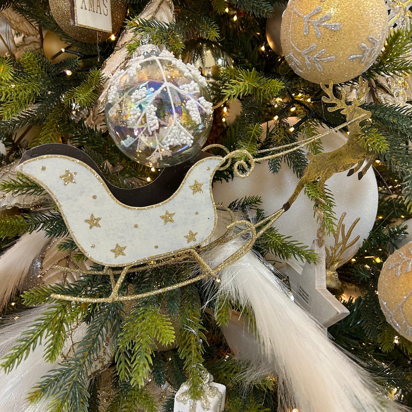 Gold Reindeer with White Sleigh Christmas Decoration