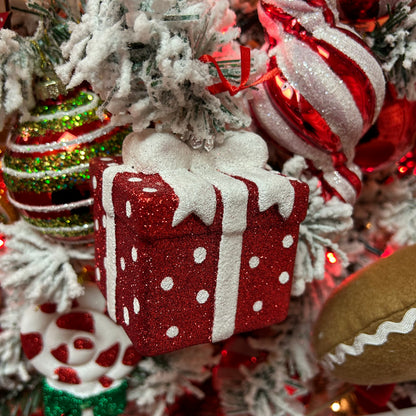Red and White Glitter Present Hanging Christmas Decoration