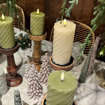 Cream LED Wick Twisted Wax Christmas Candle with Melted Top 17.3cm x 7.5cm