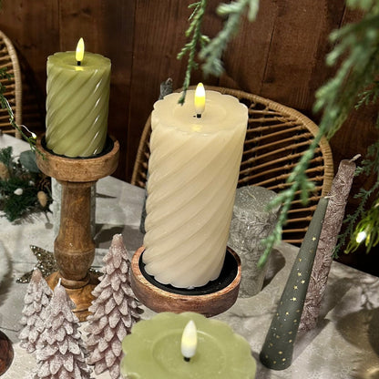 Cream LED Wick Twisted Wax Christmas Candle with Melted Top 17.3cm x 7.5cm