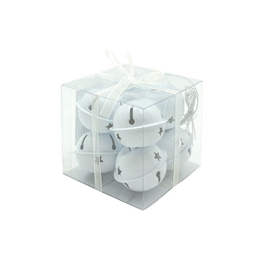A set of white Christmas bells with decorative stars, presented in a clear plastic box with a white ribbon bow on top.