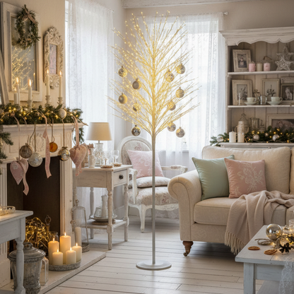 A white microdot Christmas twig tree with warm white LED lights, displayed against a dark background