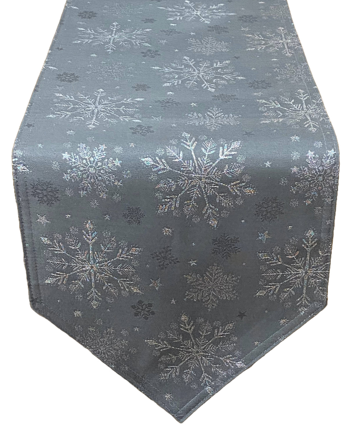 A pewter table runner with a repeating pattern of silver snowflakes, shown against a plain white background.