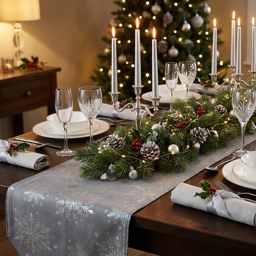 Snow Fall Pewter and Silver Christmas Table Runner by Peggy Wilkins