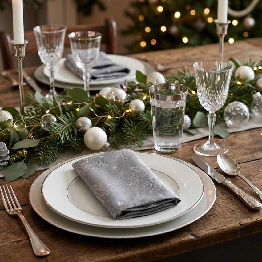 Snow Fall Pewter and Silver Christmas Napkin set of 4 by Peggy Wilkins