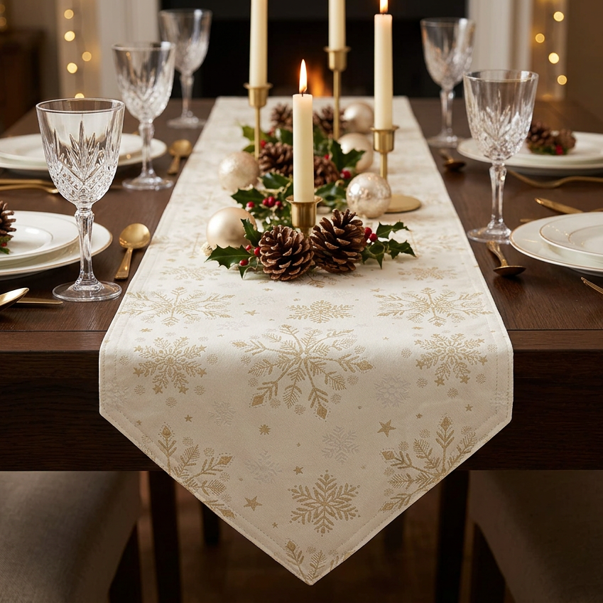 A festive Christmas table setting featuring a champagne table runner with a gold snowflake pattern, styled with white plates, crystal wine glasses, gold cutlery, pinecones, and a green garland with candles.