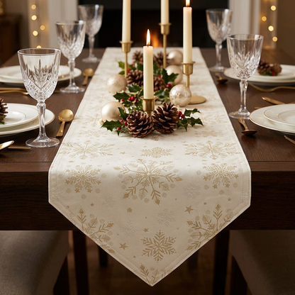 A festive Christmas table setting featuring a champagne table runner with a gold snowflake pattern, styled with white plates, crystal wine glasses, gold cutlery, pinecones, and a green garland with candles.
