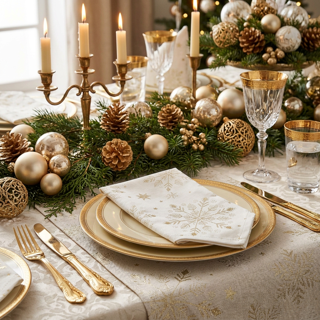 Snow Fall Champagne and Gold Christmas Napkin set of 4 by Peggy Wilkins
