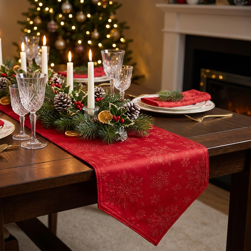 Snow Fall Red Christmas Table Runner by Peggy Wilkins