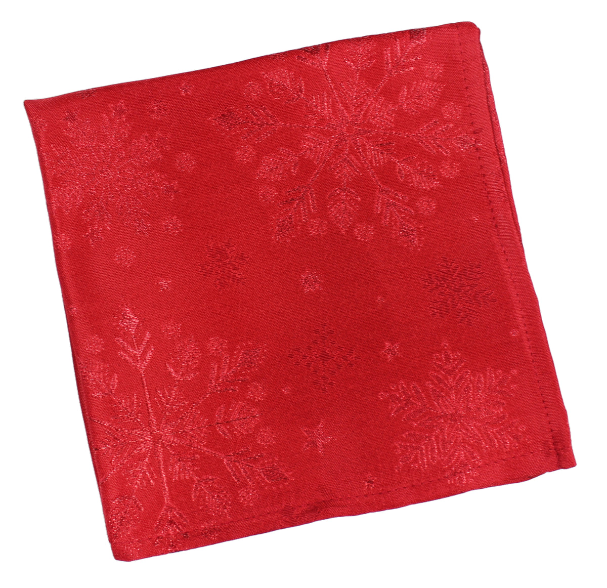 A square red fabric napkin featuring a subtle tonal jacquard snowflake pattern, shown on a plain white background.