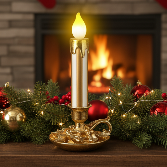 Decorative candle with Christmas decorations in front of a fireplace