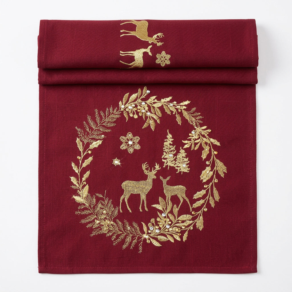 A deep burgundy fabric table runner with gold embroidered holiday motifs, including a wreath with deer, trees, and snowflakes, shown against a plain white background.