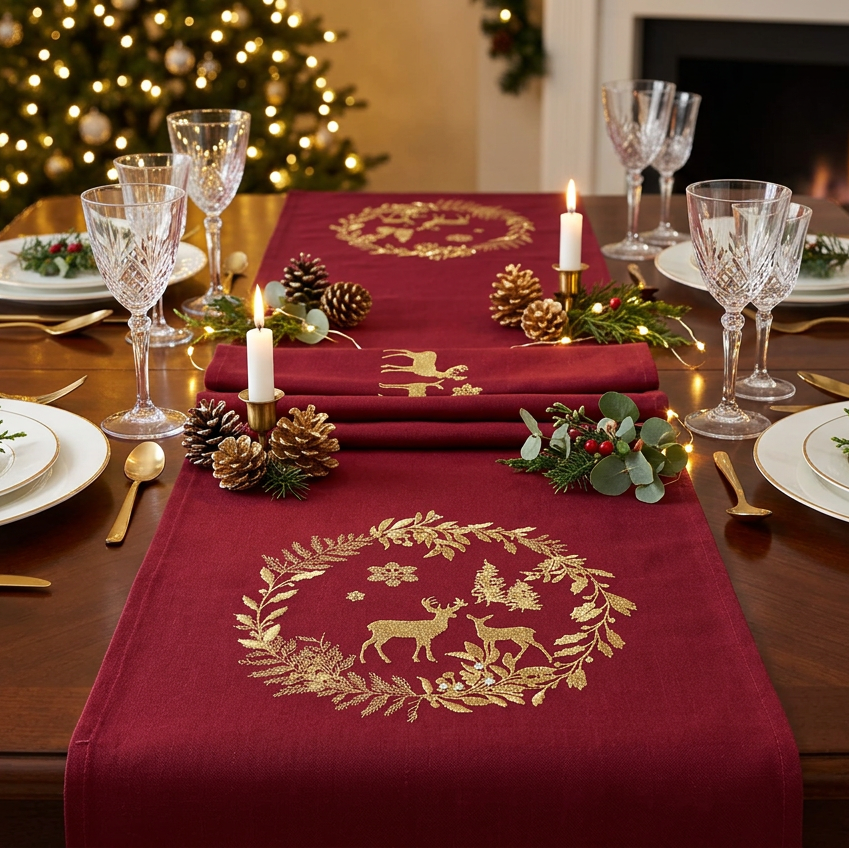 A festive Christmas table setting featuring a deep burgundy table runner with elegant gold embroidered wreaths and deer motifs, styled with candles, pinecones, greenery, and crystal wine glasses on a wooden dining table.