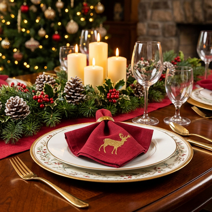 A square burgundy napkin with a small gold embroidered deer motif in the bottom right corner, shown on a plain white background.