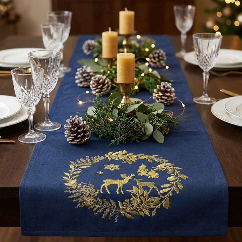 Twilight Twinkles Blue and Gold Christmas Table Runner by Peggy Wilkins