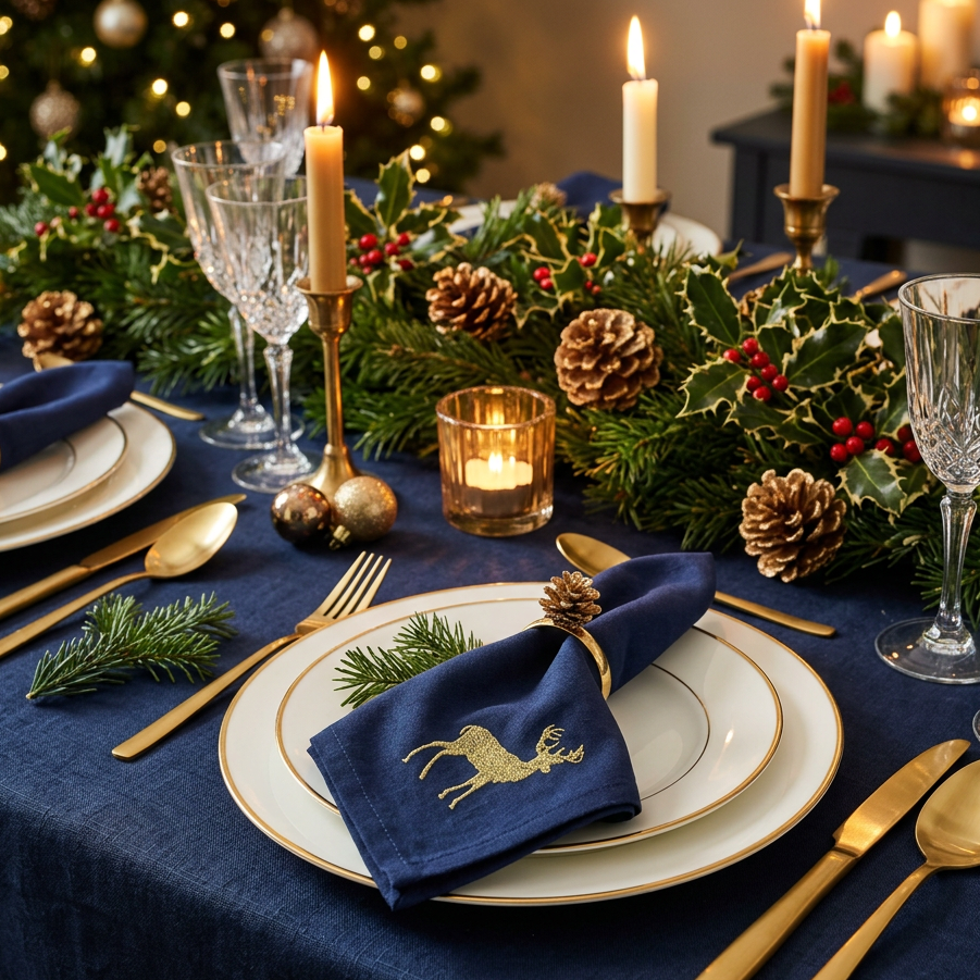 Twilight Twinkles Set of 4 Blue and Gold Christmas Napkin by Peggy Wilkins