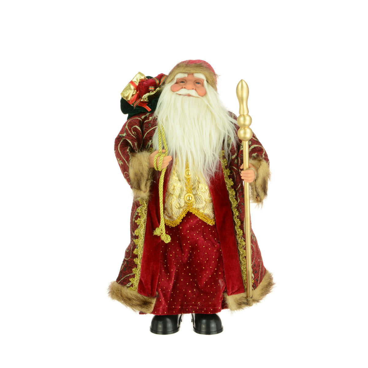 A Santa Claus figurine wearing a red velvet robe with gold trim, a white beard, and holding a gold staff, set against a plain white background.