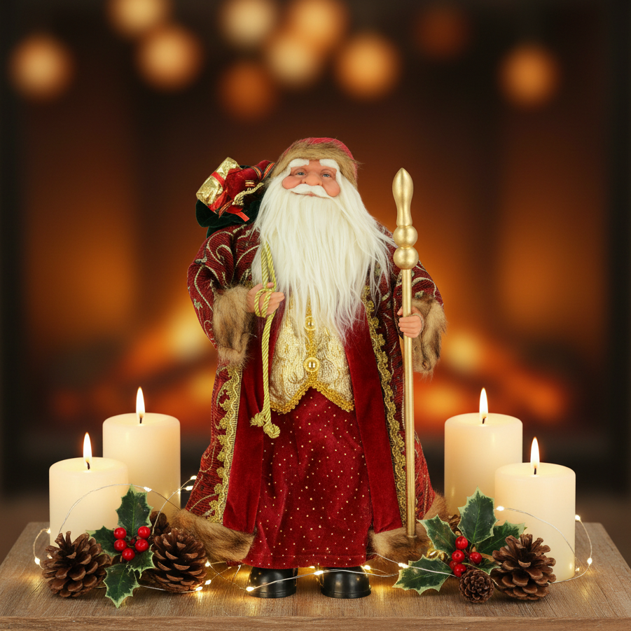 A Santa Claus holiday decoration stands on a tabletop surrounded by lit white candles, pinecones, holly leaves, and small warm string lights, with a blurred warm-toned background.
