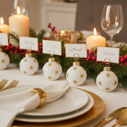 Glass Bauble Place Card Holders White with Gold Stars