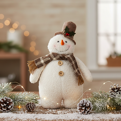 A plush Christmas snowman decoration with a cream-colored body, brown plaid scarf, brown top hat with green holly accents, and wooden buttons, styled on a tabletop with pine branches, snow, and warm string lights.