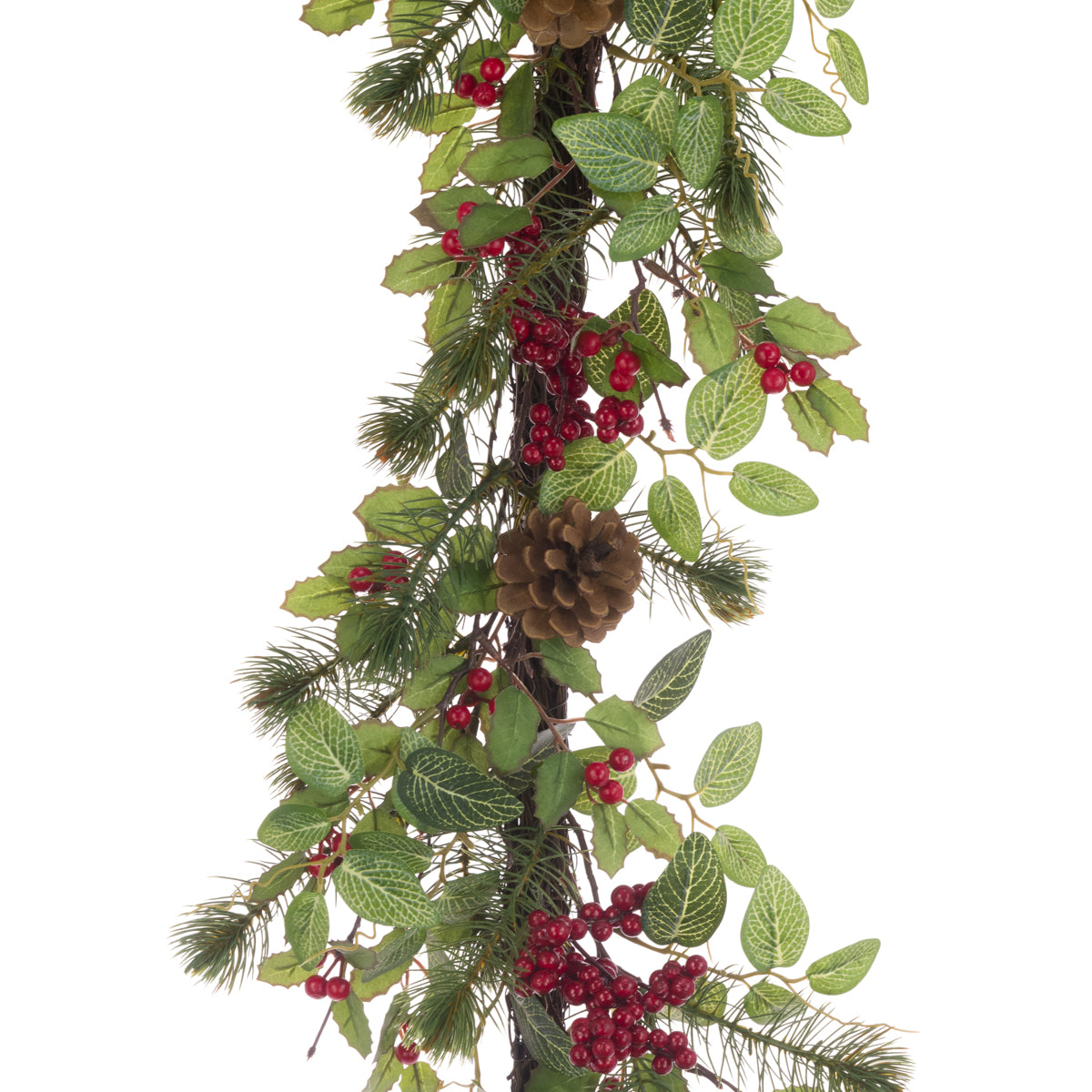 Decorative garland with green leaves, red berries, and pinecones on a white background