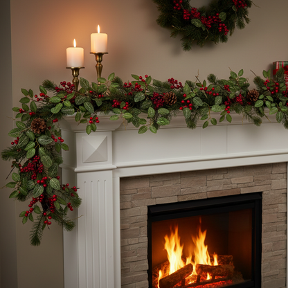 A festive holiday living room scene featuring a white fireplace mantel decorated with a green pine garland, red berries, pinecones, two lit white pillar candles, wrapped gift boxes, and a matching wreath hanging above the mantel. A stone fireplace is visible below, with a cosy armchair draped in cream knit blankets and a decorated Christmas tree in the background.