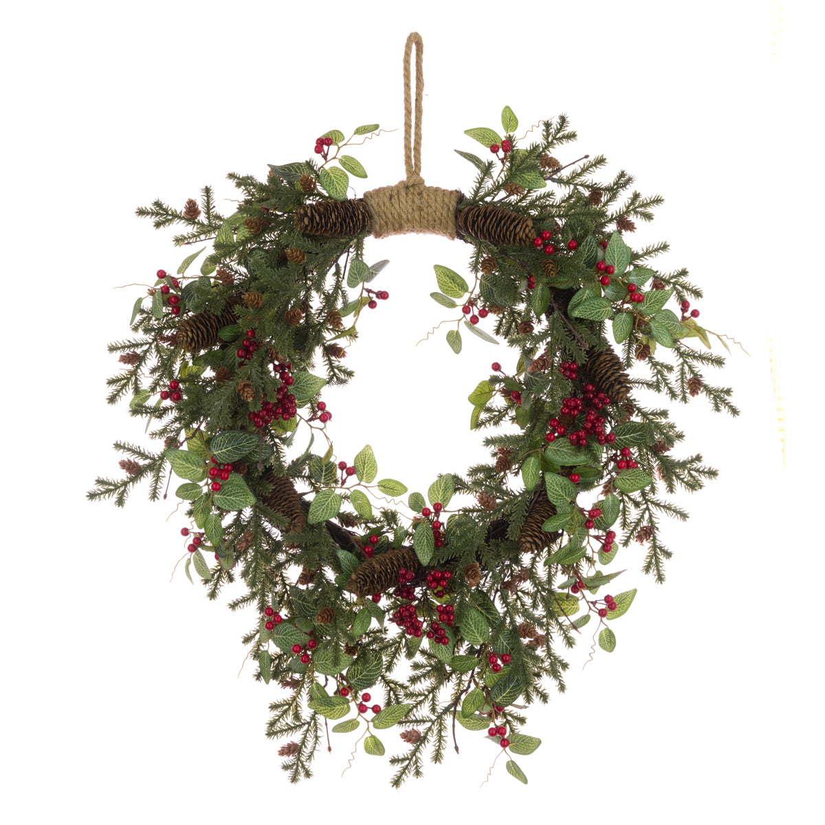 Decorative wreath with greenery, berries, and pinecones on a white background