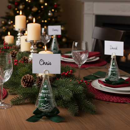 A festive Christmas table setting with glass cone place cards engraved with 'Merry Christmas' and attached green ribbons, standing on a wooden table with candles, pinecones, greenery, and place settings.