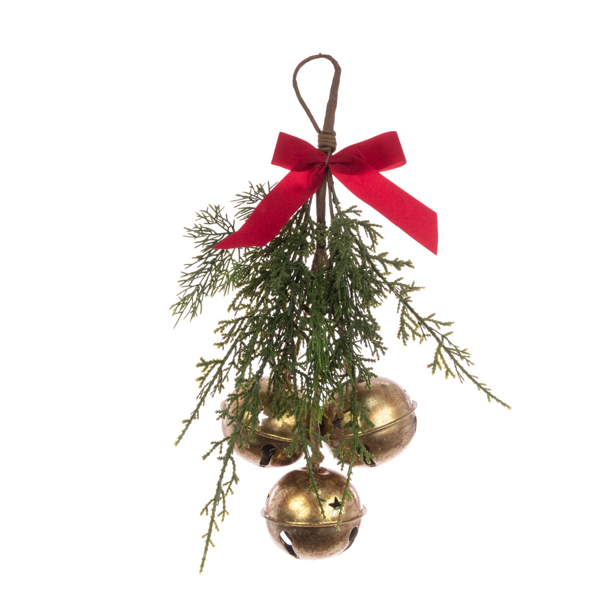 Decorative Christmas ornament with gold bells and greenery on a white background