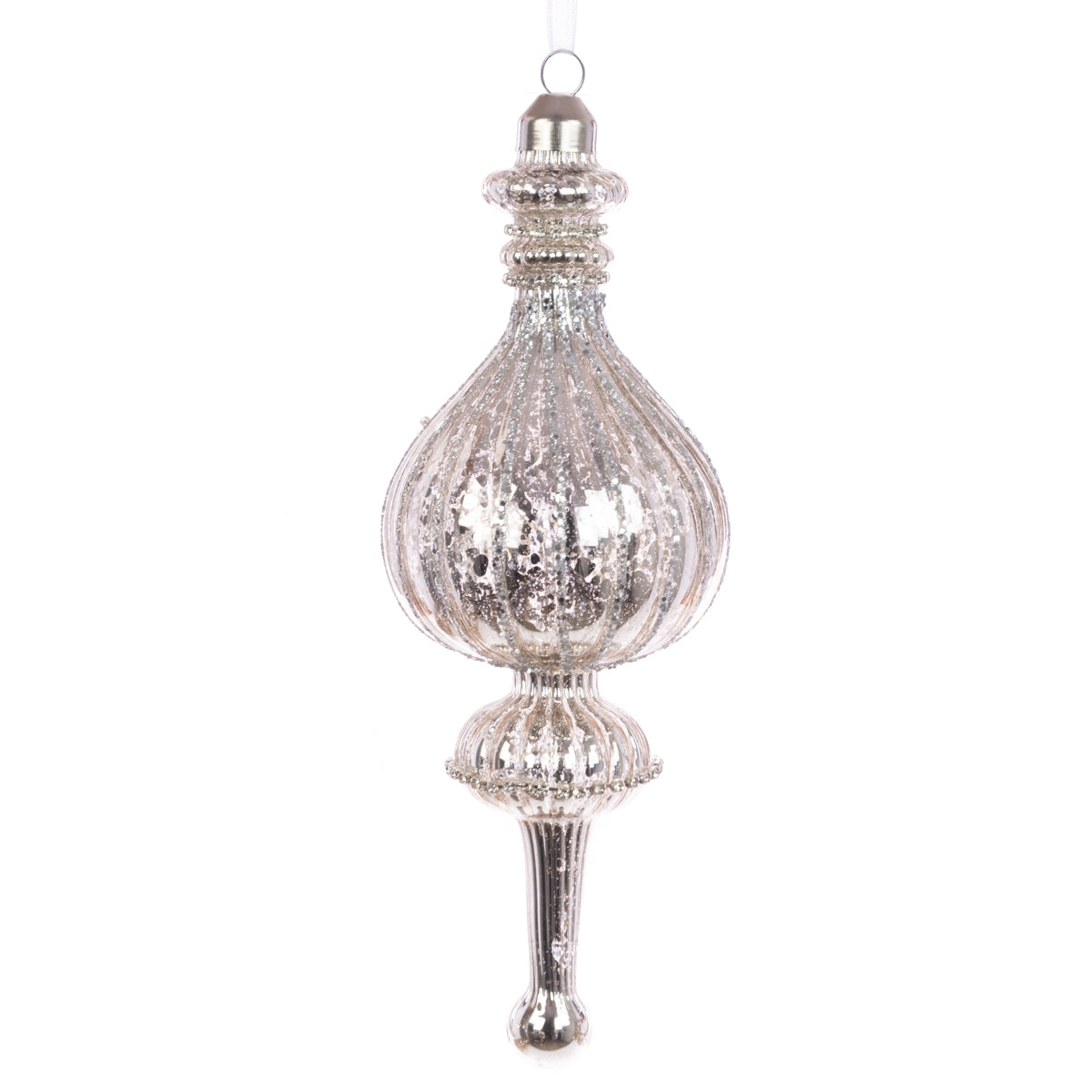 Decorative silver ornament with a textured design on a white background