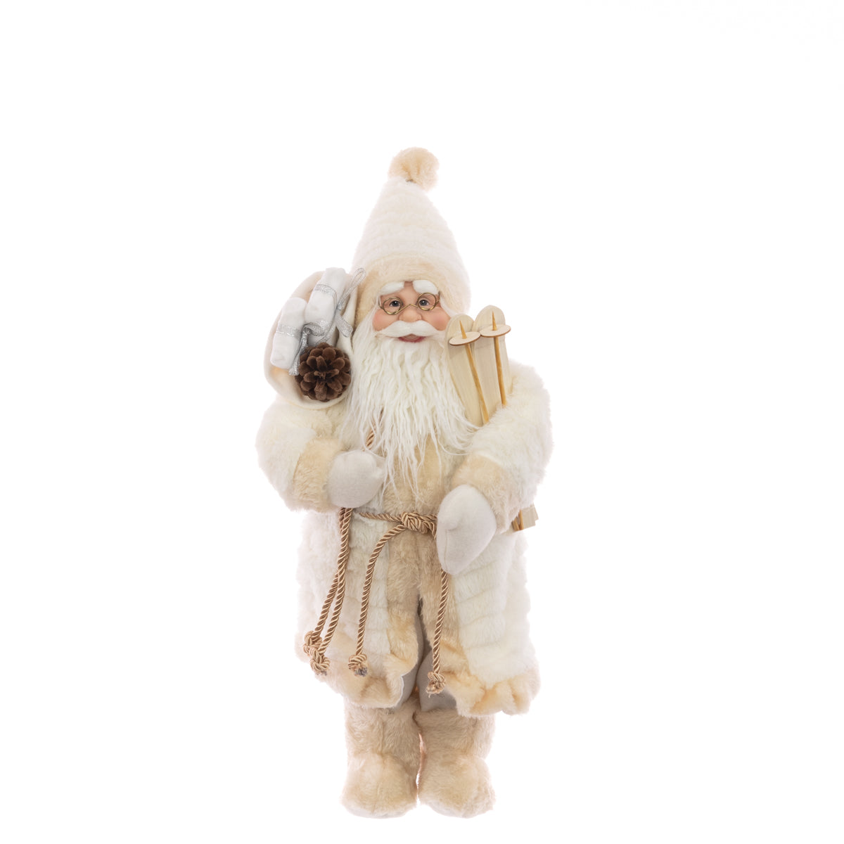 Decorative figure of a bearded man in a white hat and fur-trimmed outfit on a white background