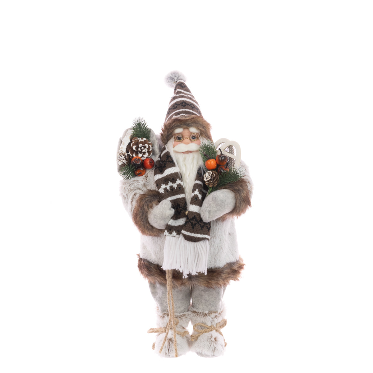 A plush Christmas Santa decoration wearing a brown and white patterned hat and scarf, with faux fur clothing, holding pine branches and ornaments, photographed on a plain white background.