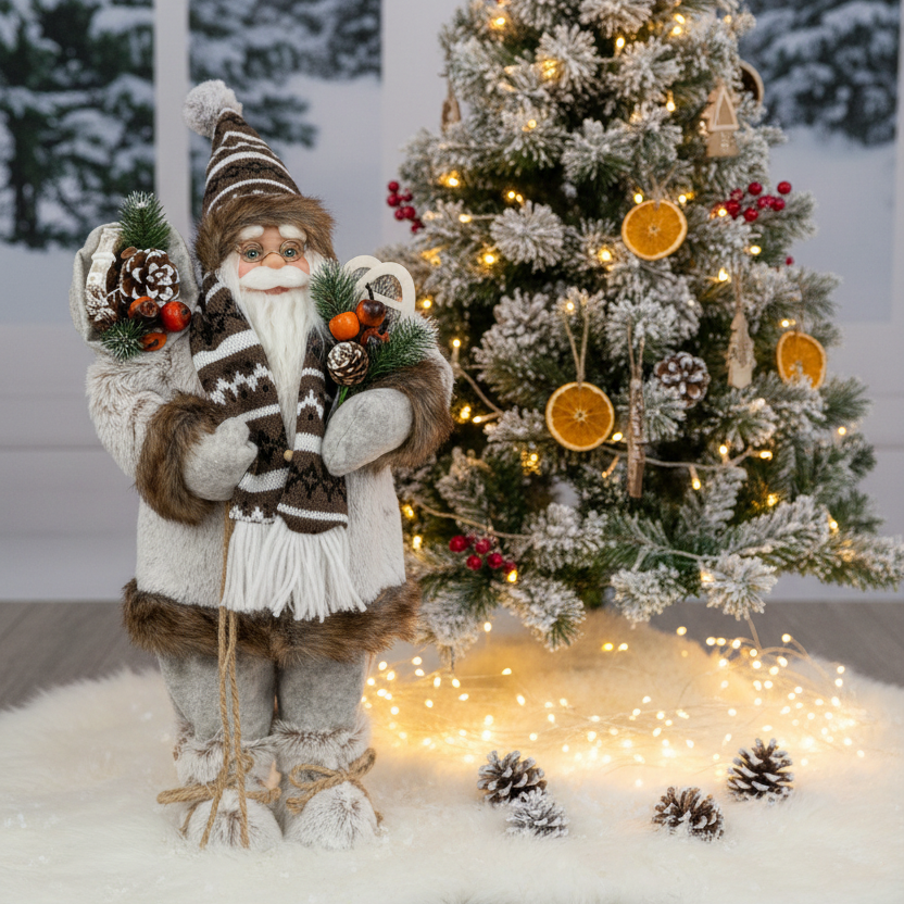 A festive Christmas decoration set featuring a Santa Claus figure in a white and brown knit outfit holding pine branches, next to a decorated flocked Christmas tree with warm string lights and dried orange slices, all arranged on a white faux-fur surface.