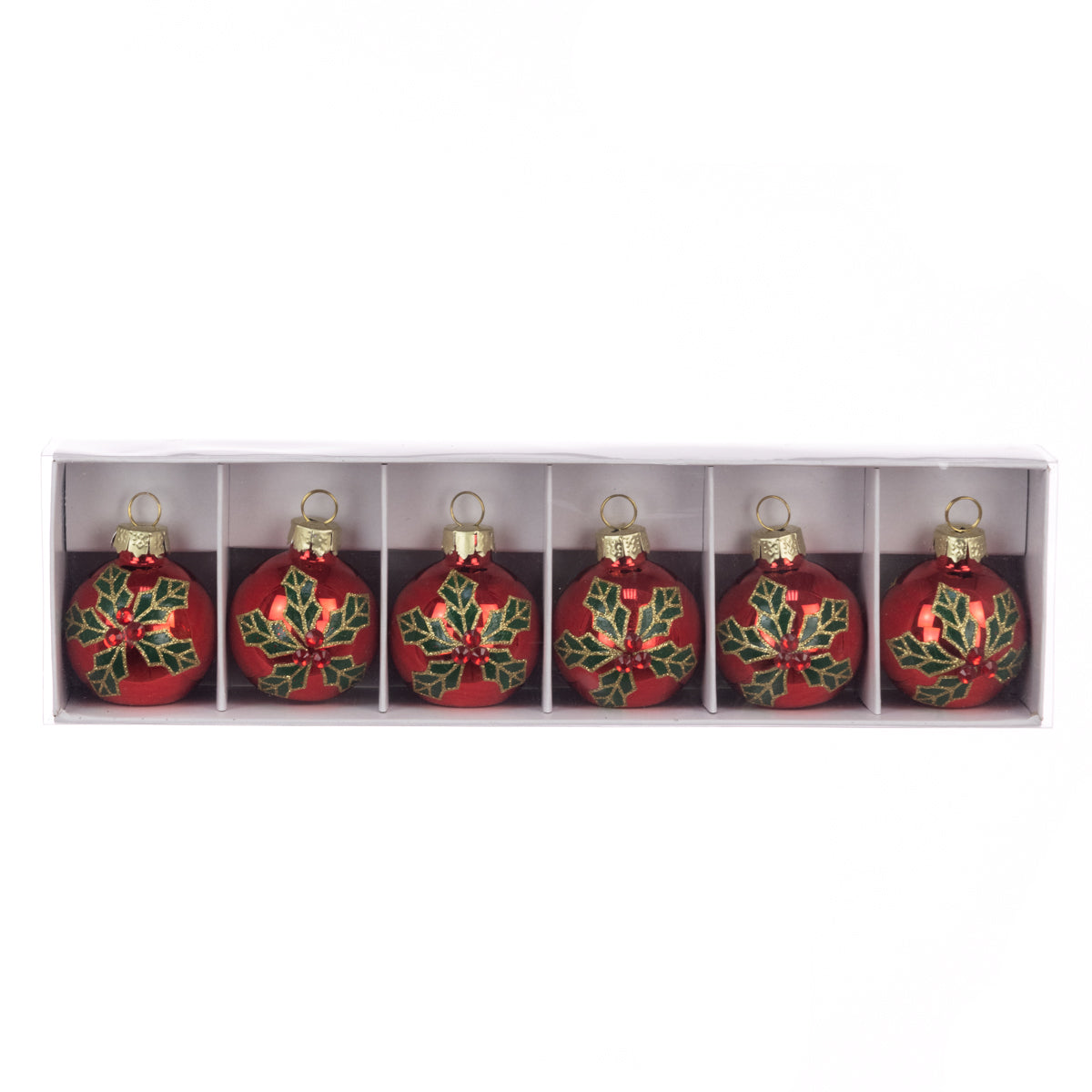 A set of six red Christmas bauble place holders with green holly leaf patterns and gold caps, presented in a white divided gift box on a white background.