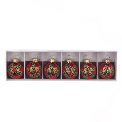 A set of six red Christmas bauble place holders with green holly leaf patterns and gold caps, presented in a white divided gift box on a white background.