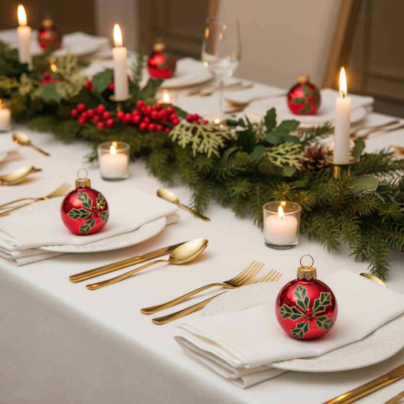 A beautifully set Christmas table featuring a green pine garland with red berries, lit white pillar candles, gold flatware, white plates, and red holly-patterned Christmas ornaments.