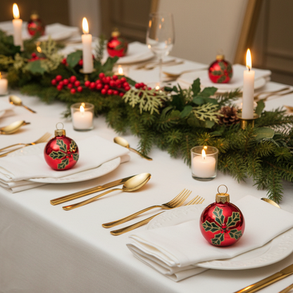 A beautifully set Christmas table featuring a green pine garland with red berries, lit white pillar candles, gold flatware, white plates, and red holly-patterned Christmas ornaments.