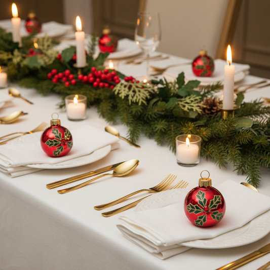 A beautifully set Christmas table featuring a green pine garland with red berries, lit white pillar candles, gold flatware, white plates, and red holly-patterned Christmas ornaments.