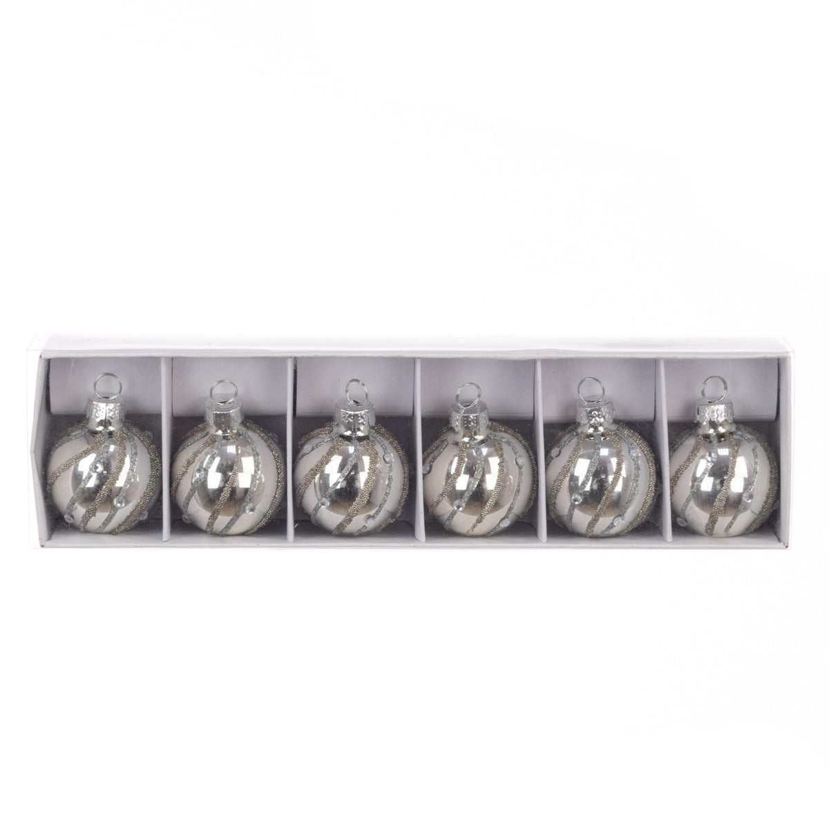 Set of six silver glass ornaments in a white box on a white background