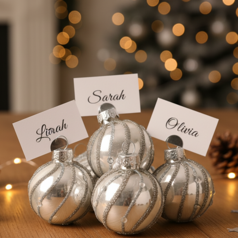 Five silver Christmas baubles with glittery stripes sit on a wooden table, each holding a white name card with a script name (Lilah, Sarah, Olivia). The background is a softly blurred holiday scene with warm bokeh lights.