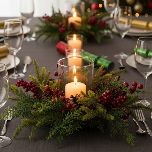 A festive Christmas table setting with green pine and fir garlands, red berries, lit pillar candles in glass holders, white plates, wine glasses, silver cutlery, and red and green cracker ornaments on a dark gray tablecloth.