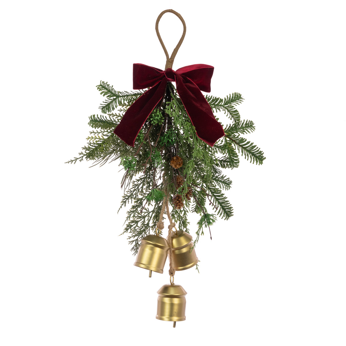 Decorative hanging ornament with greenery, gold bells, and a red bow on a white background