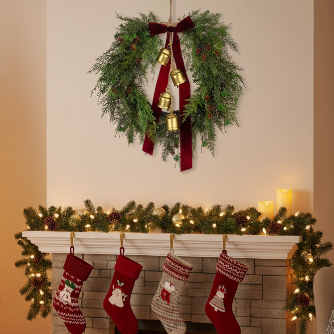 Belmesthorpe Christmas Wreath with Bow and Bells