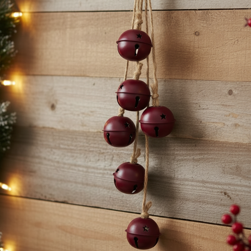 A hanging set of five burgundy jingle bells on a rope, displayed against a rustic wooden wall with warm holiday lights and greenery.