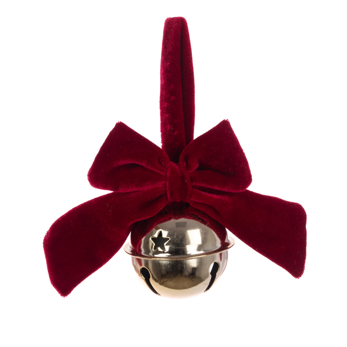 Gold bell with a red velvet bow on a white background