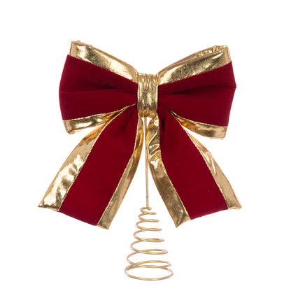 A red and gold bow-shaped tree topper with a gold metal spring base, shown on a plain white background.