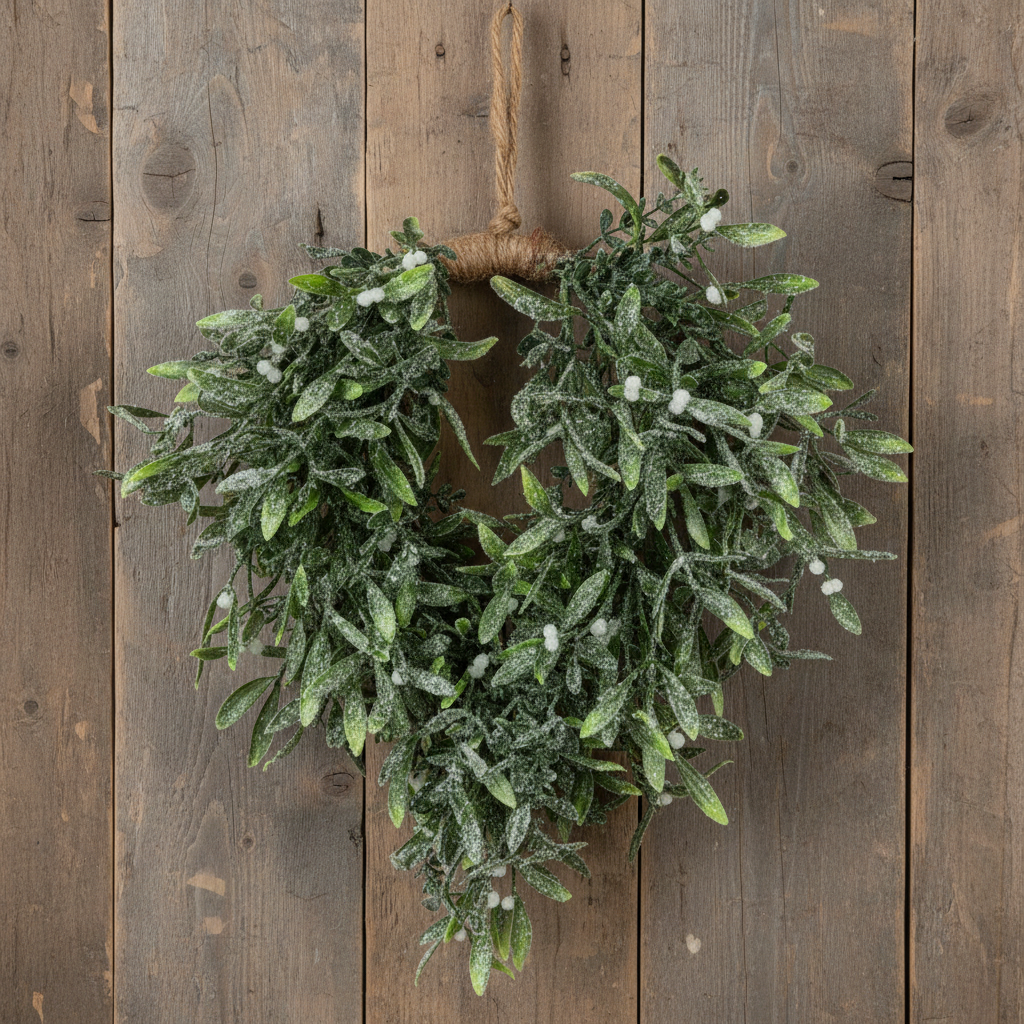 A rustic faux greenery wreath with frosted white accents, hanging from a natural jute rope against a vertical brown wooden plank background.
