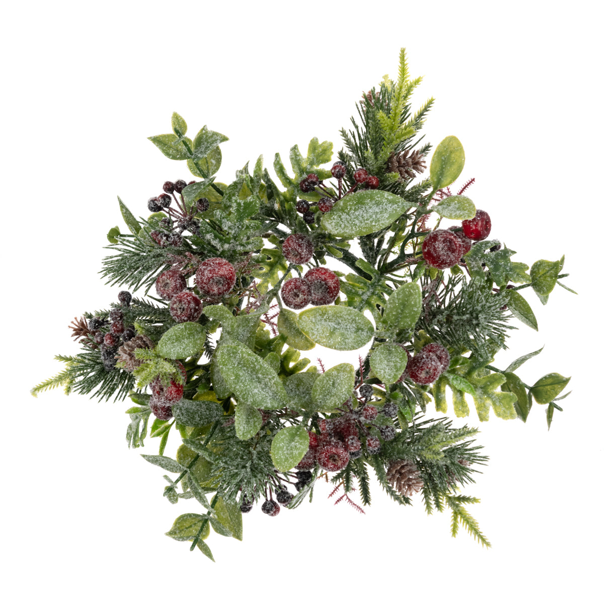 Candle ring featuring frosted green pine needles, eucalyptus leaves, pinecones, and clusters of dark red berries, isolated on a white background.